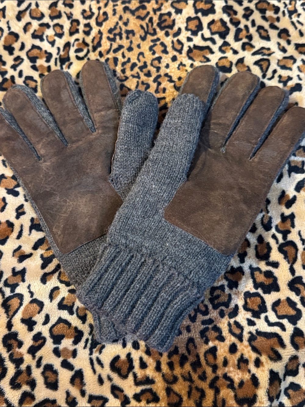 J. Crew Gray Knit Gloves with Brown Suede Palms